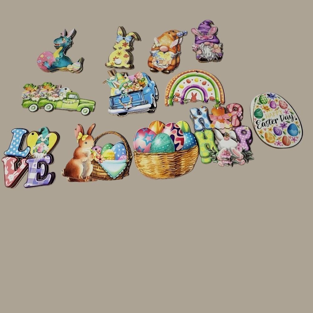 Easter Wooden Ornaments W/Bunny Eggs Rainbow And Gnome Designs For Decoration